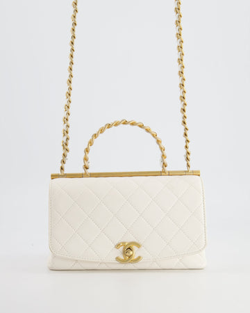 Chanel White Leather Leather Small Flap Bag with Brushed Gold Chain Top Handle