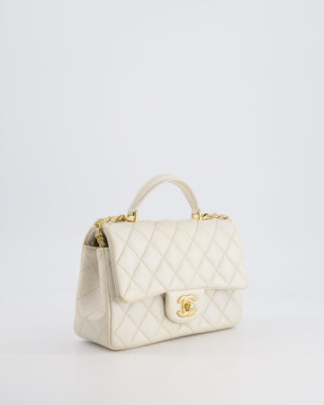 Chanel Off-White Mini Rectangular Top Handle Flap Bag in Leather Leather with Brushed Gold Hardware