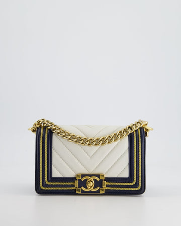 Chanel Navy and White 19C Small Boy Bag in Chevron Leather Leather and Gold Hardware with Gold Rope Trim Detailing