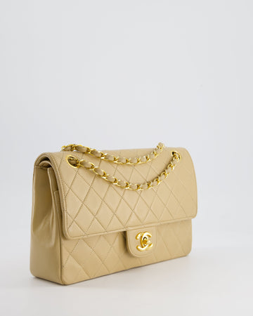 Chanel Beige  Classic Medium Double Flap Bag in Leather Leather with 24K Gold Hardware and Stitched Edge