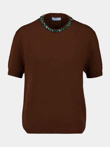 Tobacco Wool-Cashmere Sweater with Jewels