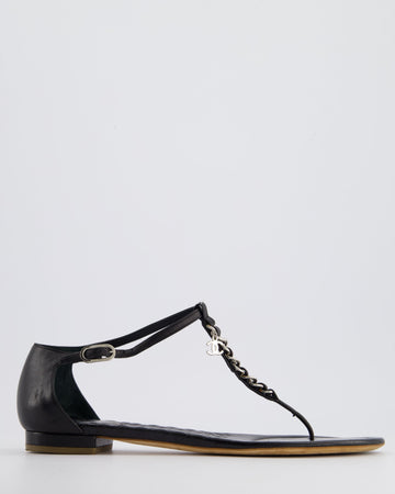 Chanel Black Leather Sandal with Chain CC Detail Size EU 40.5