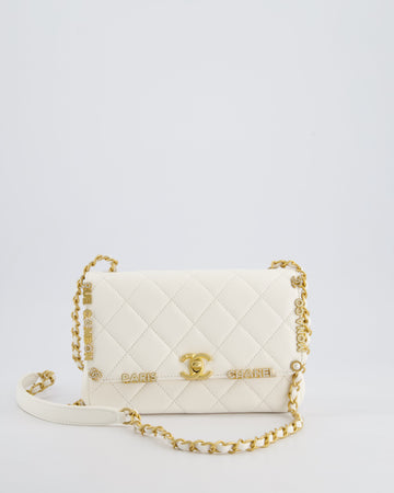 *LIMITED EDITION* Chanel White Paris Monaco Mini Single Flap Bag with Black Interior, Crystal Details and Brushed Gold Hardware