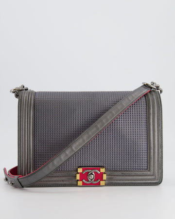 Chanel Grey Silver Medium Cube Calfskin Boy Bag with Silver, Gold and Red Hardware