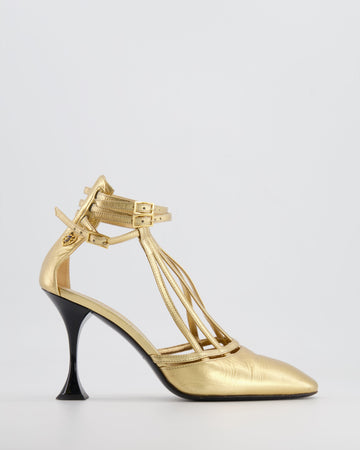 Chanel Gold Distressed Leather Caged Pumps with Black Heel Detail Size 38C
