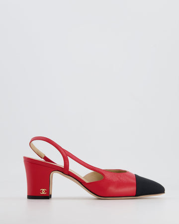 Chanel Red and Black Leather Slingback Shoes with Gold CC Logo Detail Size EU 38.5