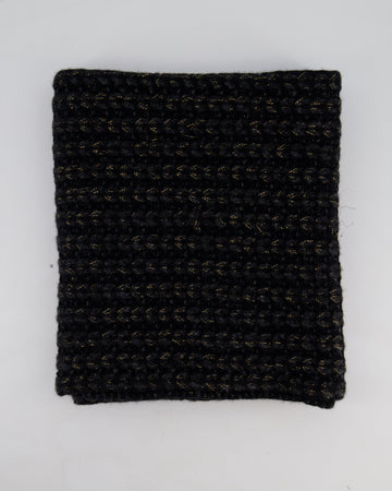 Chanel Black Grey and Gold Metallic Knitted Cashmere Blend Scarf with White CC Logo Button One Size