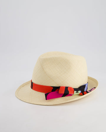 Chanel Beige Raffia Woven Hat with Black, Blue and Red Bandeaux and CC Logo Size M