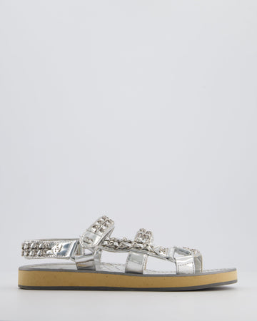Chanel Silver Laminated Goatskin Dad Sandal with Chain Detail Size EU 37