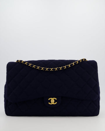 *HOT* Chanel Navy XXL Single Flap Bag in Quilted Jersey with Gold Hardware