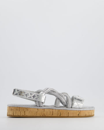 Chanel Metallic Silver Rope & Lambskin Dad Sandals with Silver CC Logo Details Size 39