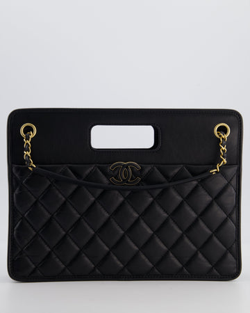 Chanel Black Aged Calfskin Quilted Small Graphic Catch Shopping Bag with Gold Hardware