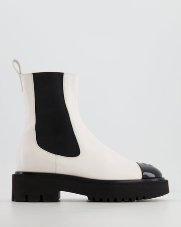 Chanel White Leather Ankle Boots with Black  Toe Cap and CC Logo Detail Size EU 37.5