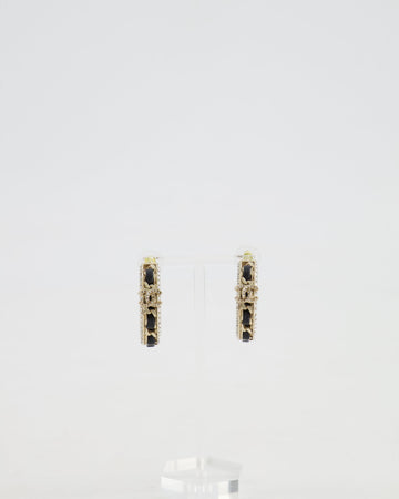 Chanel 2023 Gold, Black Leather and Crystal Embellished CC Logo Hoop Earrings