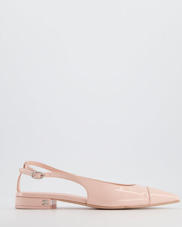 Chanel Baby Pink  Calfskin Leather Cap Toe Slingback Flats with Silver CC Logo Detail Size EU 37