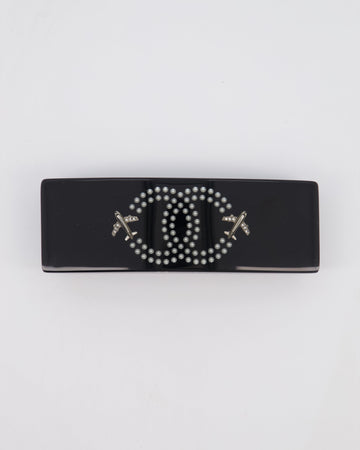Chanel 16/S Black & White Hair Clip with Logo and Crystals
