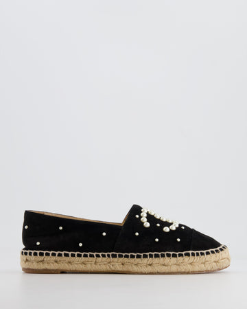 Chanel Black Suede Espadrilles with Pearl Embellishments and CC Logo Size EU 38