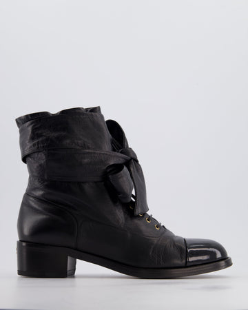 Chanel Black Crumpled Calfskin Lace Up Combat Boots with Tie-Up Straps &  Leather Toe Cap Detail Size EU 40