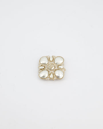 Chanel Champagne Gold Pearl and Crystal Brooch with CC Logo