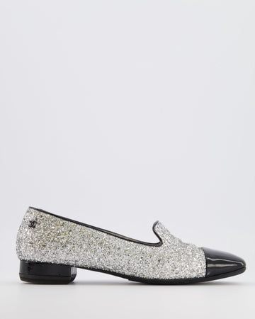 Chanel Silver Glitter Loafers with Black  Leather Cap Toe and Black CC Logo Detail Size EU 40