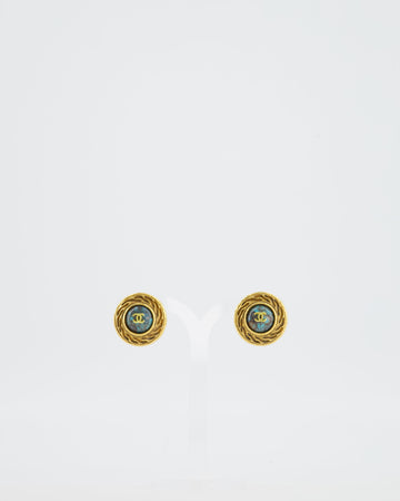 Chanel Vintage Gold and Turquoise Round Clip On Earrings with CC Logo Detail