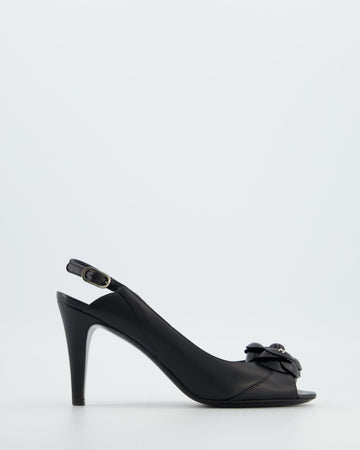 Chanel Black Camelia Leather Heeled Slingback with Open Toe Detail Size EU 37.5
