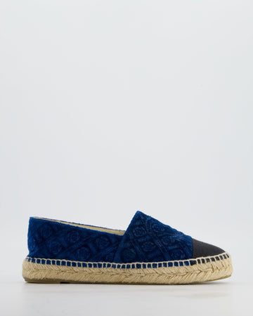 Chanel Blue Velvet Rose Print Espadrilles with CC Logo Size EU 37
