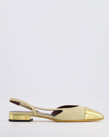 Chanel Beige Canvas Slingback with Gold  Leather Toe Cap and Gold CC Logo Size EU 39
