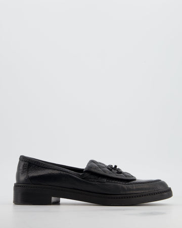 Chanel Black Quilted Leather Loafers in Aged Calfskin Leather with Black CC Logo Size EU 38.5