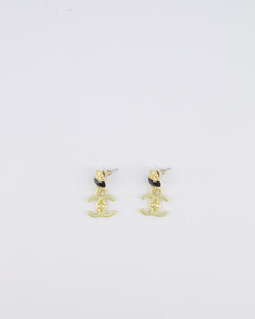Chanel 22A Brushed Gold CC Logo Pendant Earrings with Black Enamel Detailing