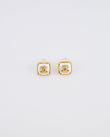 Chanel 25A Brushed Gold and White CC Logo Small Square Earrings