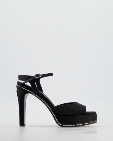 Chanel 23S Black Platform Open Toe Heels in Satin with Crystals & Stitched CC Logo Details Size EU 37 RRP £1,470