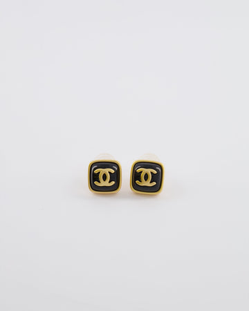 Chanel 25A Brushed Gold and Black CC Logo Small Square Earrings