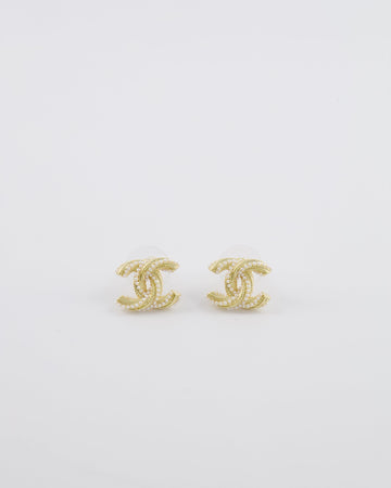 Chanel 24A Champagne Gold Textured CC Logo Small Earrings with Pearls