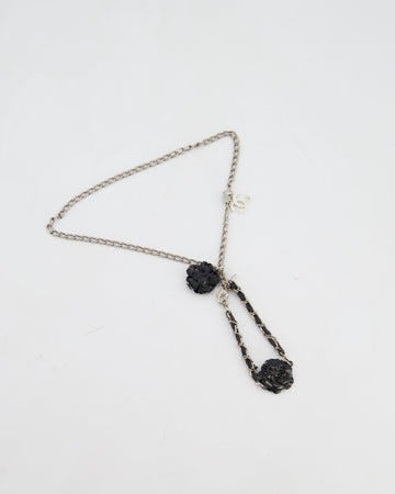 Chanel Set Silver Chain Necklace with Camellia Pendant and Silver and Black Camellia Bracelet