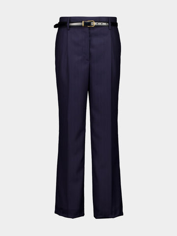 Blue Straight-Leg Wool Trousers with Leather Belt