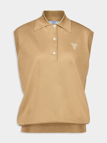 Camel Sleeveless Silk Polo