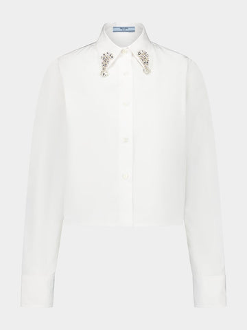 Embroidered Collar White Poplin Shirt
