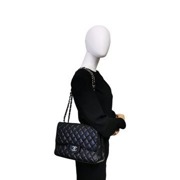 Chanel Classic Single Flap Jumbo Black Leather Silver