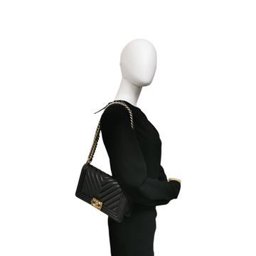 Chanel Boy Medium Black Chevron Leather Gold