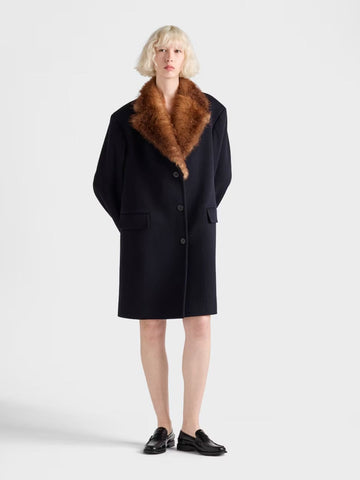 Navy Wool Coat with Shearling Collar