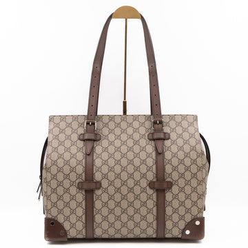 Buckle Travel Tote GG Supreme Canvas Brown Leather