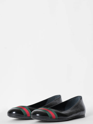 Gucci Black  leather Web Ballet Flats