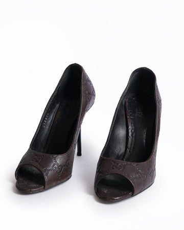 Gucci Dark Brown Guccissima Leather Peep Toe Pumps Size