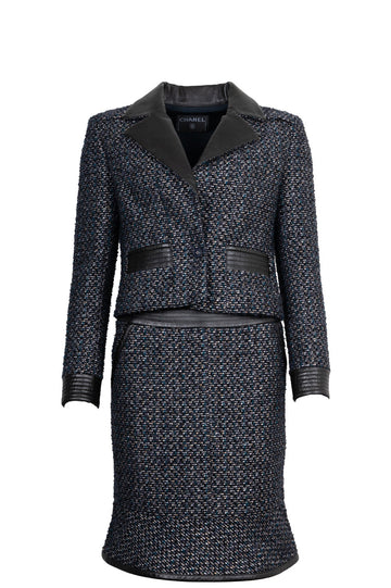 CHANEL 2002 Tweed Leather Detail Two Piece Black Blue