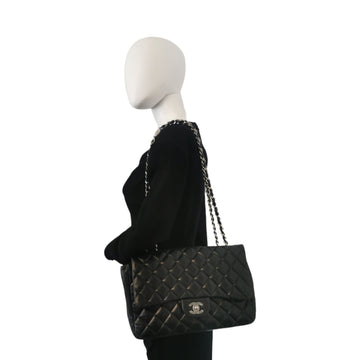 Chanel Classic Single Flap Jumbo Black Leather Silver