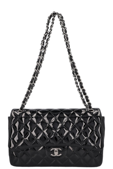 CHANEL Large Double Flap Patent Black