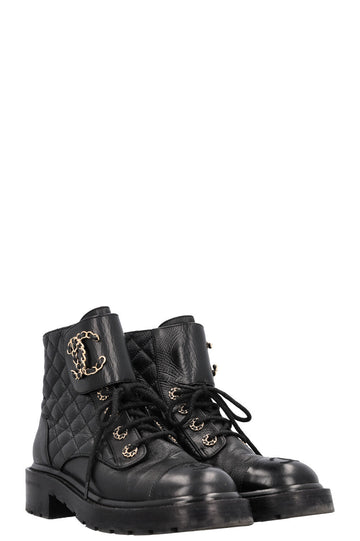 CHANEL CC Lace Up Combat Boots Black
