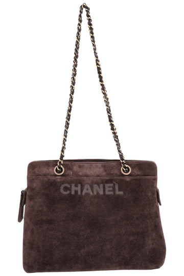 CHANEL Logo Tote Bag Suede Brown