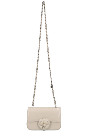 CHANEL Camellia Flap Bag Patent White